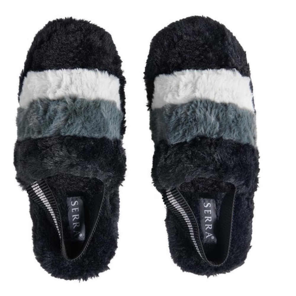 Serra black & gray faux fur SZ 5/6 women’s slides. NWT
